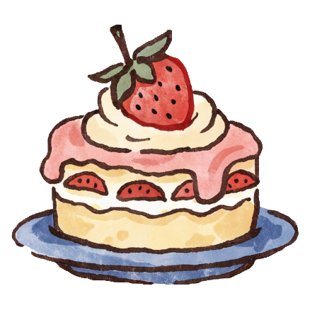 Cake Concierge: a hand-drawn strawberry layer cake on a blue plate